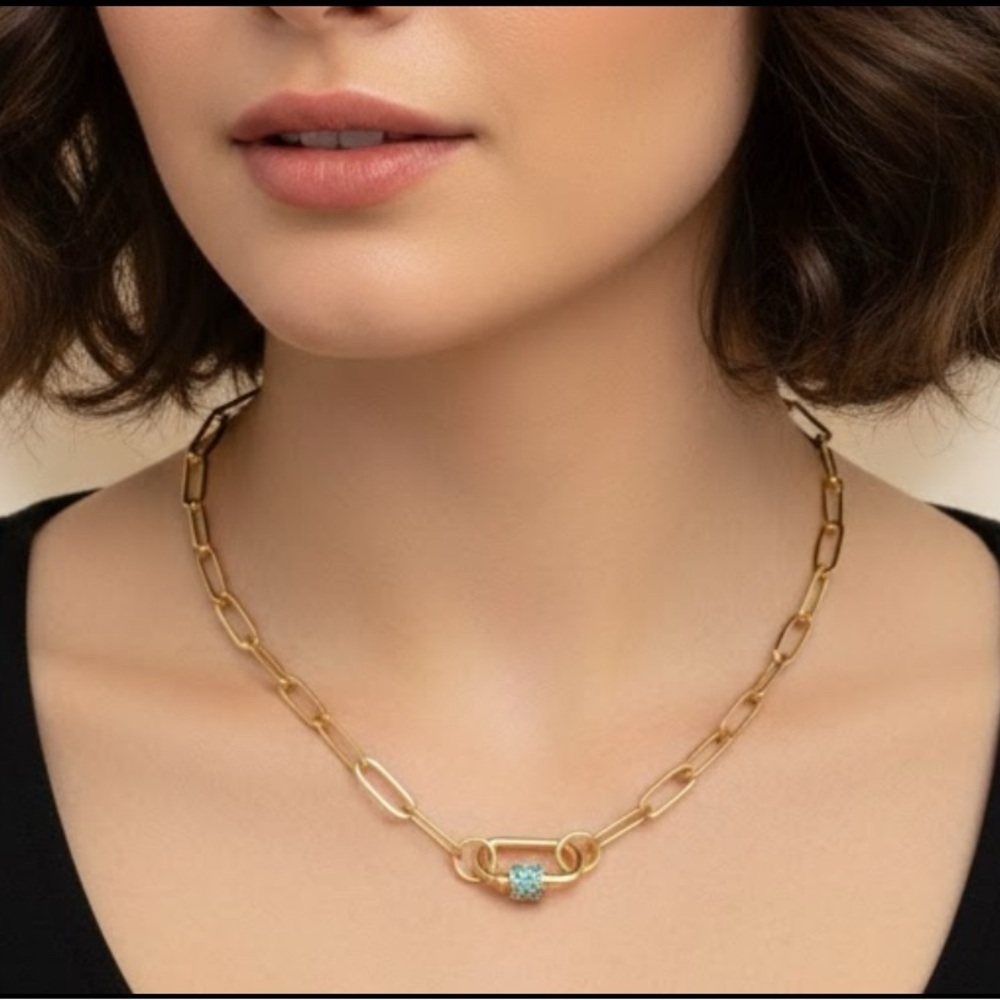 18K Gold Plated Locked Heart Carabiner Necklace Titanium Steal Womens Jewelry